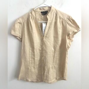 Tracy M Womens 100% Linen Button Up Short Sleeve XL Neutral Cream Preppy Office